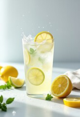 Fresh lemonade splash with mint and whole lemons on a sunny day