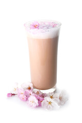 coffee latte decorated with sakura flowers isolated on white