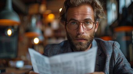 Obraz premium Young entrepreneur in a stylish modern workspace, reviewing financial reports with a focused and determined expression in an ultra-realistic corporate environment.