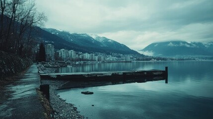 Obraz premium Serene Lakeside Cityscape in Winter