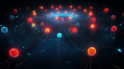 Glowing orbital pathways with red and blue spheres in dark space