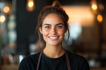 Bright smile of young woman in coffee shop, warm ambiance and in