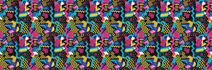 Seamless pattern with geometric shapes in the style. Multicolored vintage background with triangles, circles and squares for textile, fabric and Sudanese fabric art.