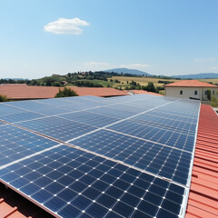 Photovoltaic solar panels on house roof. Solar Panels, solar cell on roof of house with sunlight for green, reuse, sustainable, energy efficiency, alternative energy