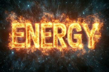 Fiery energy text surrounded by cosmic stars and flames