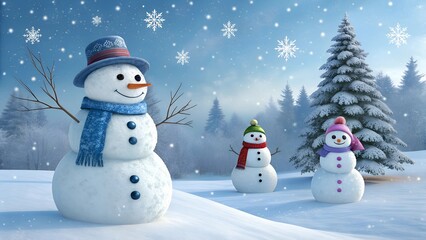 Obraz premium Happy snowman in the snow with a scarf and hat, surrounded by snowflakes, Christmas trees, and winter decorations on a snowy December day