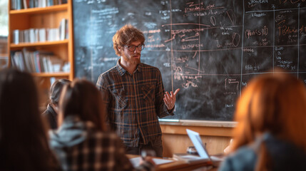 Mathematics Classroom Scene: A teacher explaining algebraic formulas on a chalkboard while students attentively take notes, with warm lighting and a focused composition. 