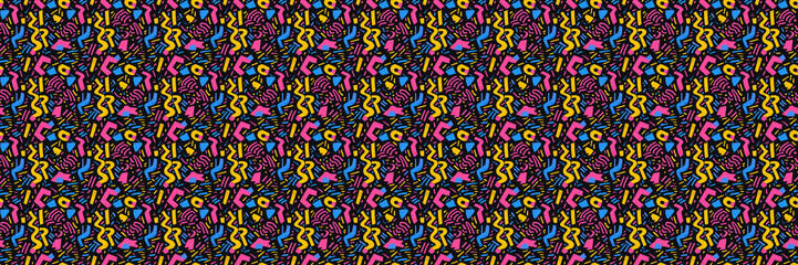 Seamless pattern with geometric shapes in the style. Multicolored vintage background with triangles, circles and squares for textile, fabric and Sudanese fabric art.