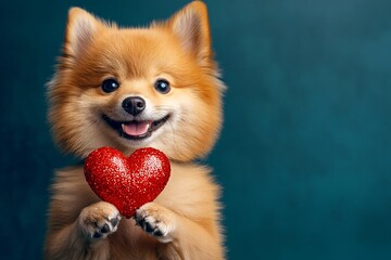 Obraz premium Cute finnish spitz pup with sparkling rhinestones red heart - symbol of love, funny greeting card. Finnish spitz - my desired dog. Commercial graphic concept art. Valentine's pet themes.