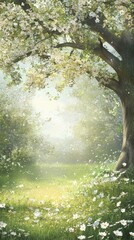 Spring blossoms, sunlit meadow, fairytale forest, peaceful nature scene, ideal for greeting cards