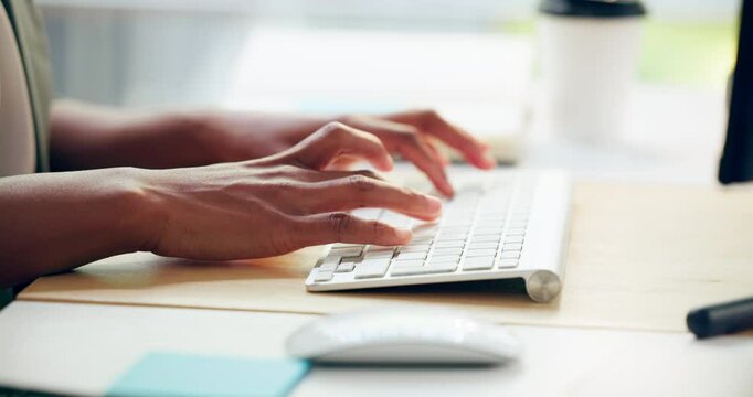 Office, typing and hands of woman at computer with planning, research or email at accounting agency. Financial advisor, consultant or businesswoman with notes for online budget, review or development