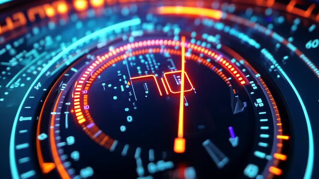 Dynamic digital speedometer display with vibrant neon graphics and rapid motion