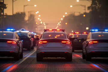 Police vehicles forming a blockade under hazy streetlights during a chase