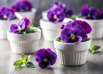 Edible Flowers Photography: Purple Flowers in White Pots, Stunning Food Styling, Gourmet Dish Decoration, Culinary Photography
