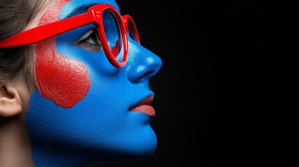 Blue Hue, Red Spectacles: A woman's face is painted in vibrant blue, contrasted by bold red accents and striking red-framed spectacles, creating a captivating portrait against a black background.