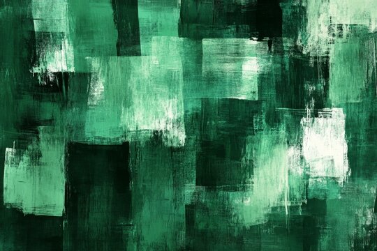Abstract green brush strokes painting with textured rectangular patterns and varying shades