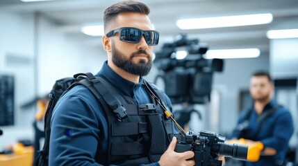Professional photographer in tactical gear capturing images in a modern studio environment