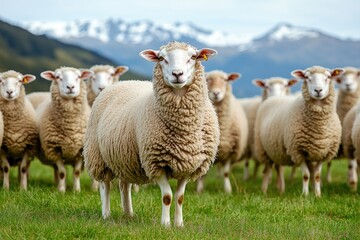 Fototapeta premium Flock of sheep grazing peacefully in lush green field against ma