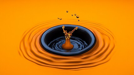Liquid Impact: Abstract image of a dark blue liquid droplet impacting an orange liquid surface, creating mesmerizing concentric ripples and a crown splash.