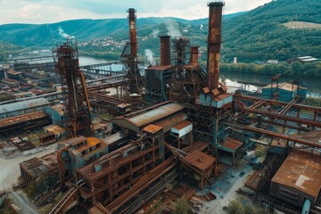 Fototapeta premium Aerial view of abandoned industrial factory amidst lush green hills and river