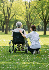 介護イメージ・シニア女性と介護士の後ろ姿