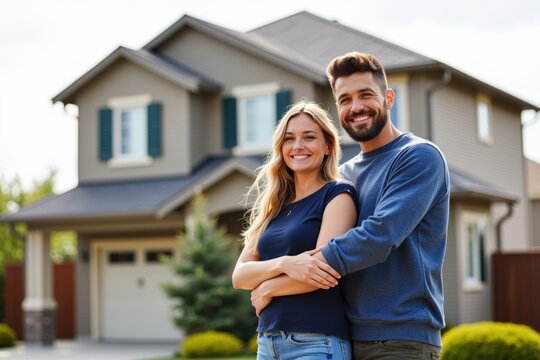 Cheerful Young Couple Embracing in Front of Their Beautiful New Home, Illuminated by the Sunlight in a Pleasant Suburban Neighborhood