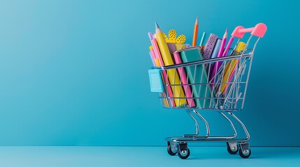 Banner of Shopping cart with school supply on a blue background with copy space, Back to school