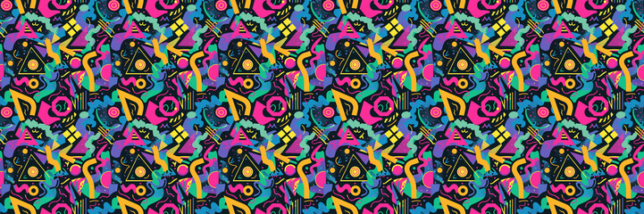Seamless pattern with geometric shapes in the style. Multicolored vintage background with triangles, circles and squares for textile, fabric and Sudanese fabric art.