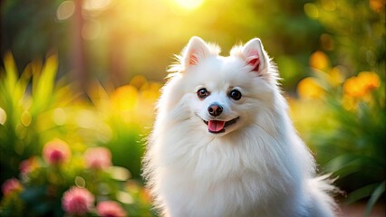 Fototapeta premium Fluffy White Pomeranian Dog Puppy, Cute Small Dog, Adorable Pom, White Dog Pictures, Pet Photography