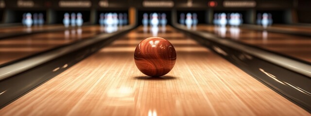 Bowling ball on lane, pins blurred, alley background, leisure