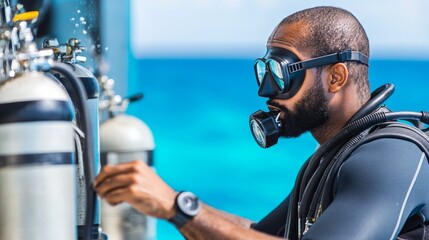 Diver preparing scuba equipment near the ocean, with vibrant blue water in the background