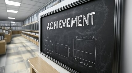 Empty library hallway with achievement chalkboard and rows of shelves