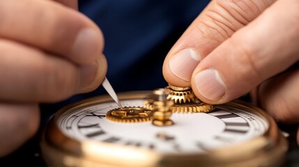 Close-up of a watchmaker delicately repairing a vintage pocket watch with intricate gear exposed