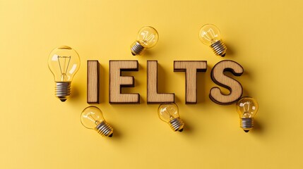 Creative ielts concept with light bulbs on yellow background