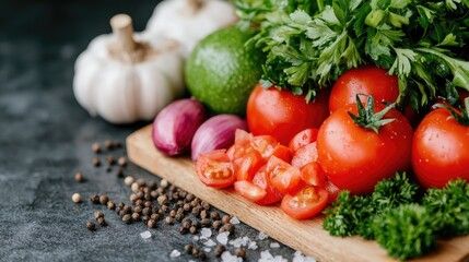 Fresh tomatoes, herbs, and garlic on a wooden board