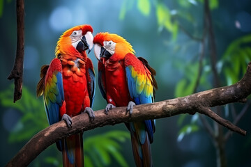 Obraz premium two scarlet macaws on a branch