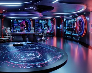 A futuristic election campaign office buzzing with data and screens.