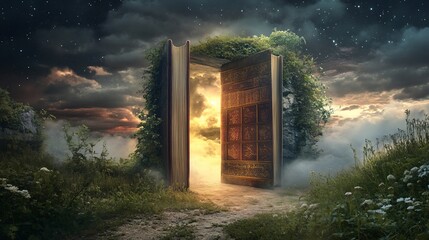 A Mysterious Book Portal Opens to Another World With Dramatic Skies and Fog