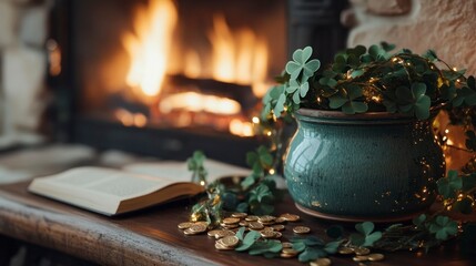 Cozy fireplace gathering with shamrock garlands home interior decor warm atmosphere close-up comfort and celebration