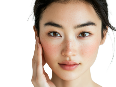 A close up portrait of a young woman with freckles, brown eyes, and a gentle expression touching her cheek.