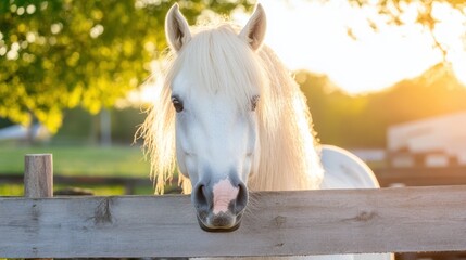 White Horse in Golden Light: A majestic white horse with a flowing mane stands in a sun-drenched pasture, its gaze fixed on the viewer.