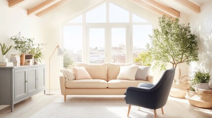 Sunlight-Drenched Living Room: A modern living room bathed in natural light, showcasing a comfortable beige sofa and a plush navy armchair placed invitingly beneath a large window.