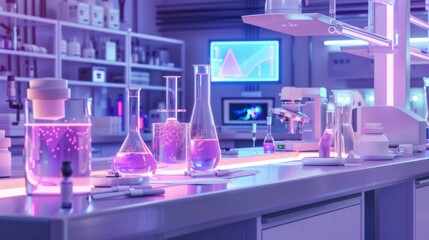 Naklejka premium Illuminated Pharmaceutical Laboratory with Advanced Equipment and Purple Accents