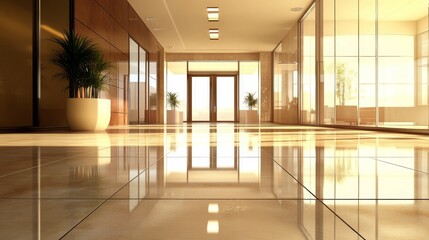 Fototapeta premium Modern office hallway with glass walls and polished tile flooring at sunset