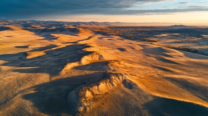 Vast desert landscape, golden sand dunes under a dramatic sky, showcasing natural beauty and serene tranquility, ideal for landscape themes.