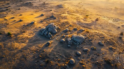 Aerial view of rocky terrain, textured landscape with golden hues, ideal for nature themes and outdoor adventures.