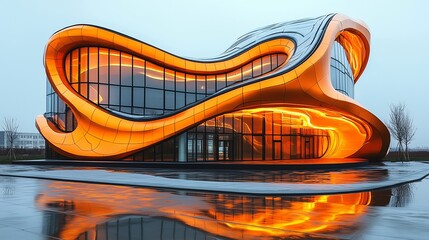 Obraz premium Futuristic Building with Flowing Orange Design