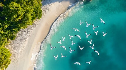 Aerial view of vibrant turquoise water, group of people floating on inflatable rafts, tropical beach setting, fun and relaxation.