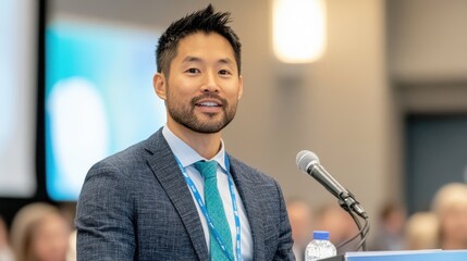 Confident Speaker at Podium: A charismatic Asian man with a warm smile and neatly styled hair delivers a presentation at a conference, exuding confidence and expertise.