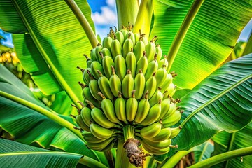 Obraz premium Macro Banana Plant Growth: Garden Cultivation, Close-up Photography, Tropical Fruit, Banana Leaf Detail, Homegrown Bananas, Plant Development Stages